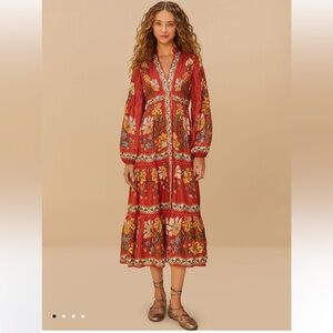 Red Garden Delight Long Sleeve Midi Dress